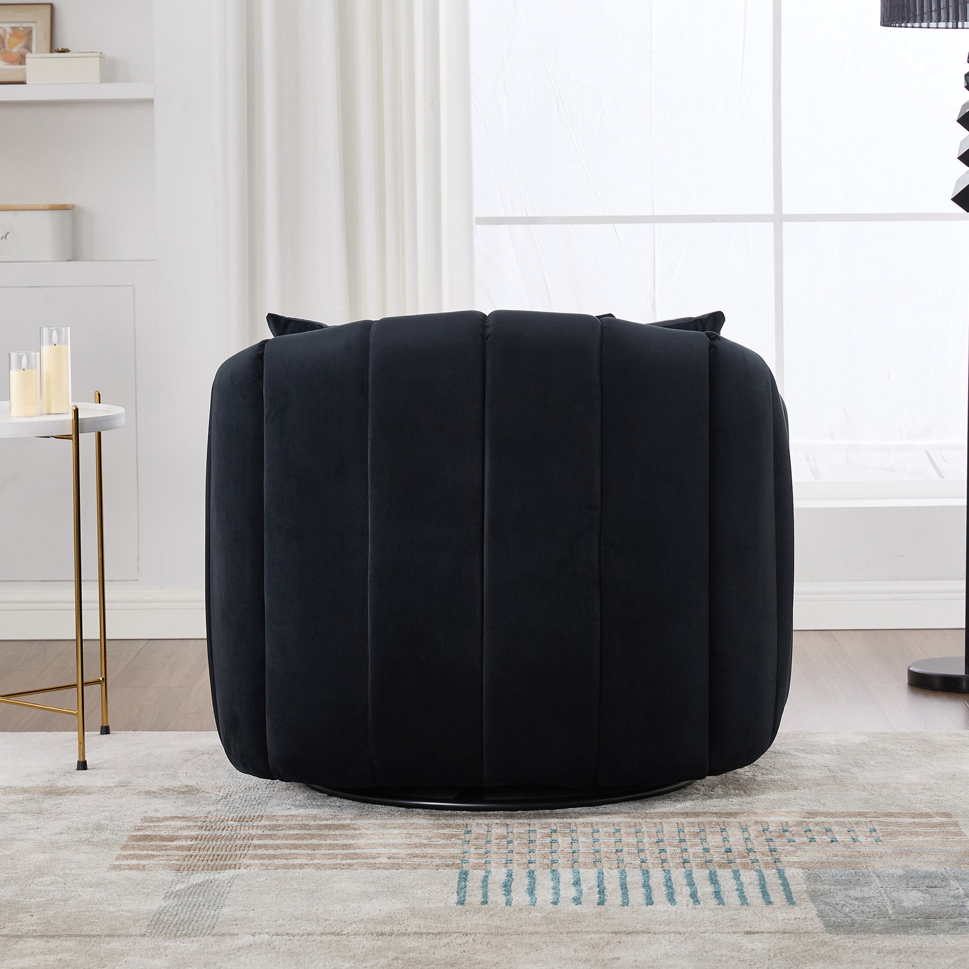 40.35'W Upholstered Oversized 360° Swivel Accent Barrel Chair and Half Cozy Sofa with 3 Pillows, Velvet Channel Tufted Pumpkin-Shape Club Armchair for Living Room, Bedroom, Office, Lounge,BLACK