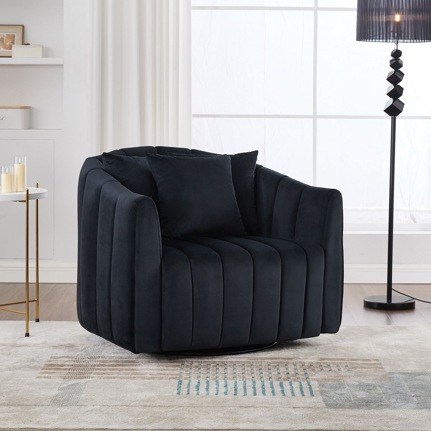 40.35'W Upholstered Oversized 360° Swivel Accent Barrel Chair and Half Cozy Sofa with 3 Pillows, Velvet Channel Tufted Pumpkin-Shape Club Armchair for Living Room, Bedroom, Office, Lounge,BLACK