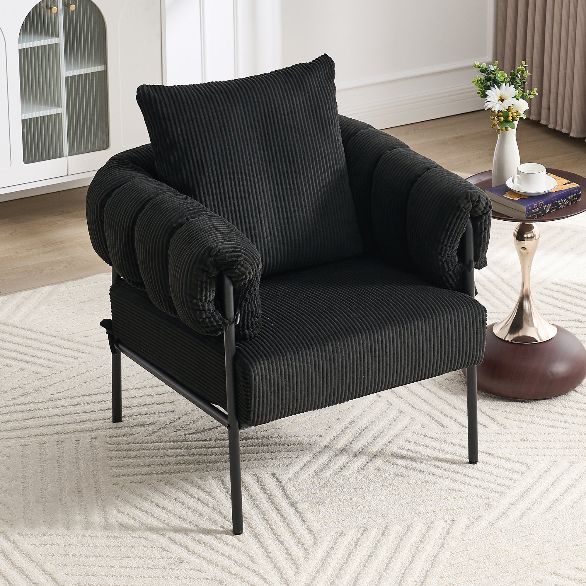 TS Modern decorative chair, living room side chair with gold metal legs, no wheels, suitable for dressing area, reception room, office,Teddy fleece upholstered metal foot sofa 1PC Black Accent Chair