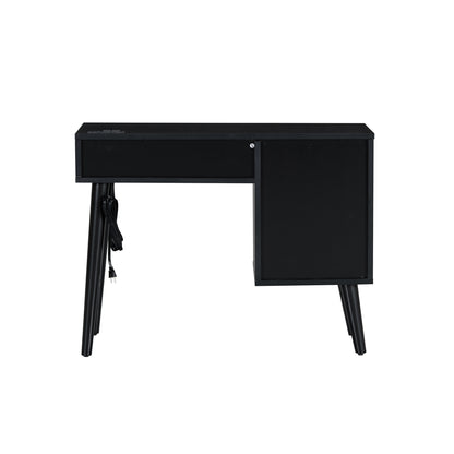 39" Retro Bohemian Style Wooden Makeup Vanity Set with Charging Plug&USB Port and Stool, Dressing Table with 3 Storage Drawers and 1 Rectangular Rattan Drawer, Black