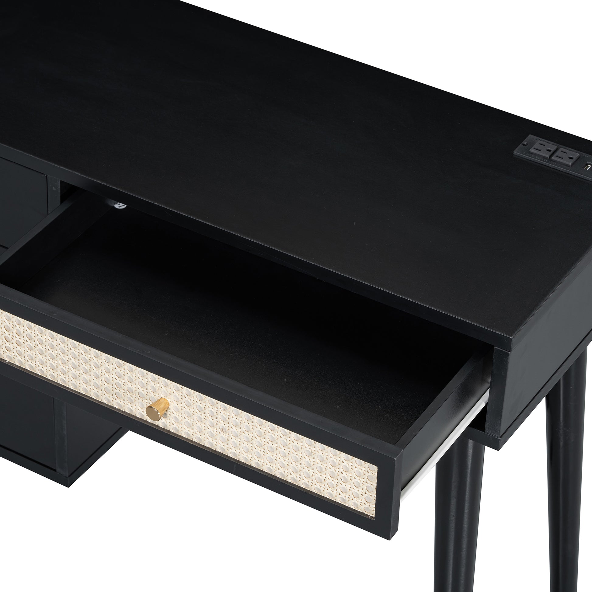 39" Retro Bohemian Style Wooden Makeup Vanity Set with Charging Plug&USB Port and Stool, Dressing Table with 3 Storage Drawers and 1 Rectangular Rattan Drawer, Black