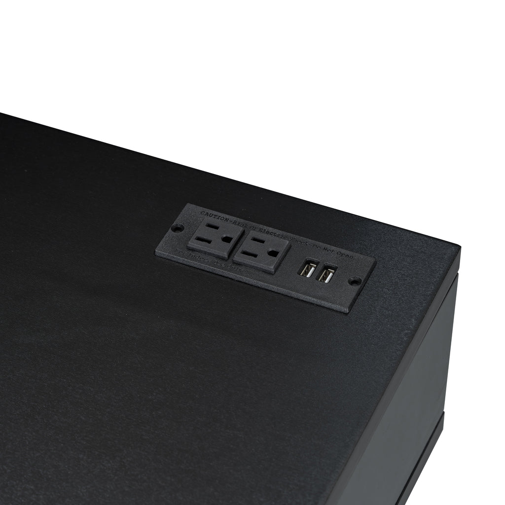 39" Retro Bohemian Style Wooden Makeup Vanity Set with Charging Plug&USB Port and Stool, Dressing Table with 3 Storage Drawers and 1 Rectangular Rattan Drawer, Black