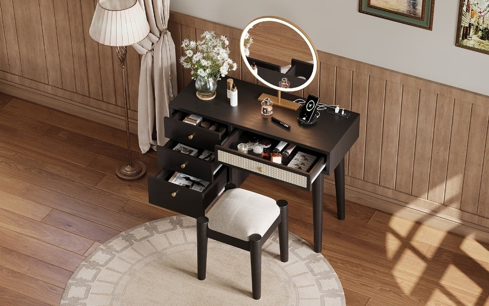 39" Retro Bohemian Style Wooden Makeup Vanity Set with Charging Plug&USB Port and Stool, Dressing Table with 3 Storage Drawers and 1 Rectangular Rattan Drawer, Black