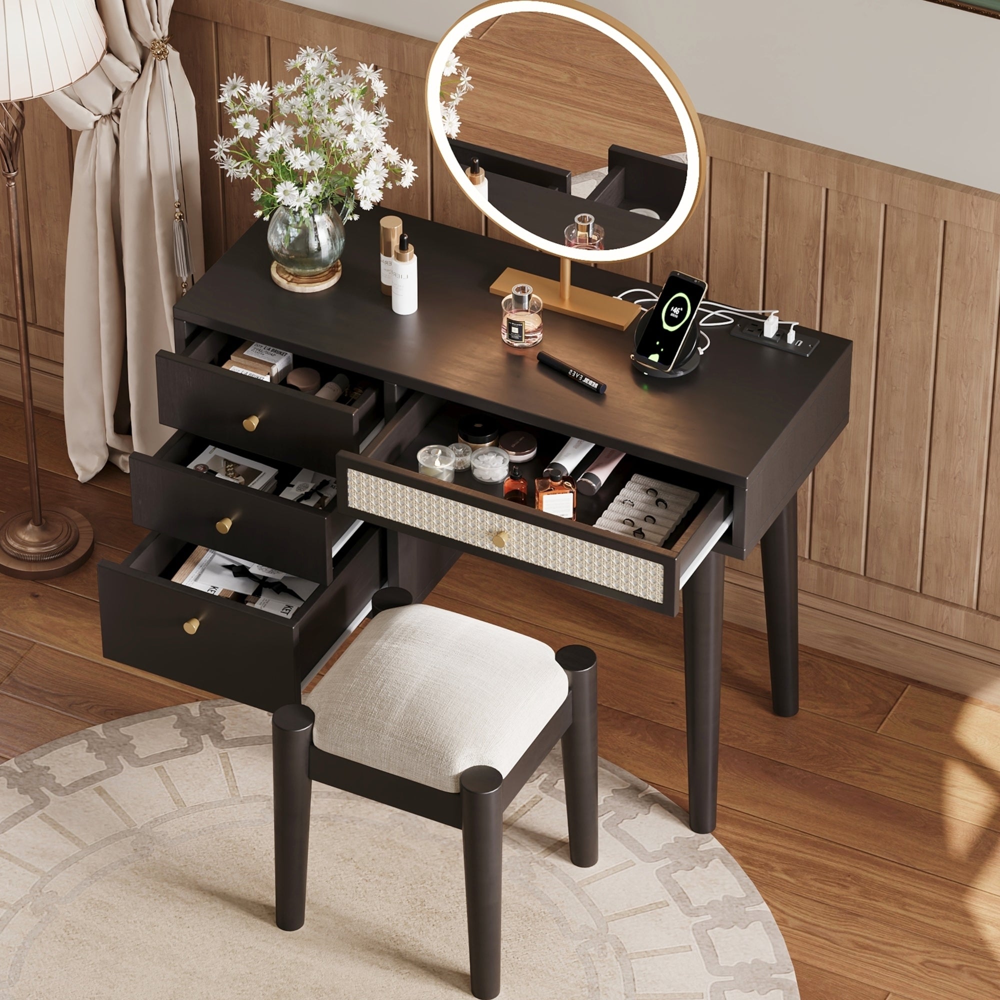 39" Retro Bohemian Style Wooden Makeup Vanity Set with Charging Plug&USB Port and Stool, Dressing Table with 3 Storage Drawers and 1 Rectangular Rattan Drawer, Black