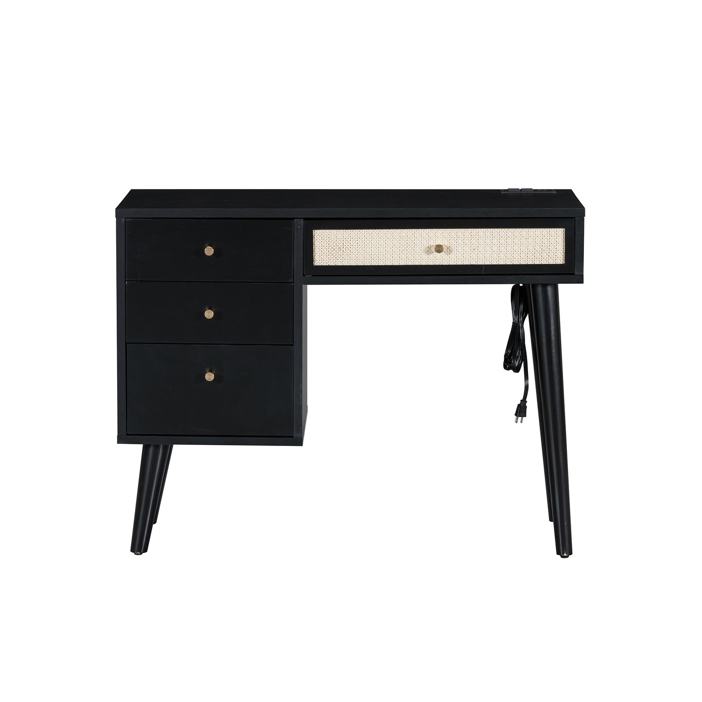 39" Retro Bohemian Style Wooden Makeup Vanity Set with Charging Plug&USB Port and Stool, Dressing Table with 3 Storage Drawers and 1 Rectangular Rattan Drawer, Black