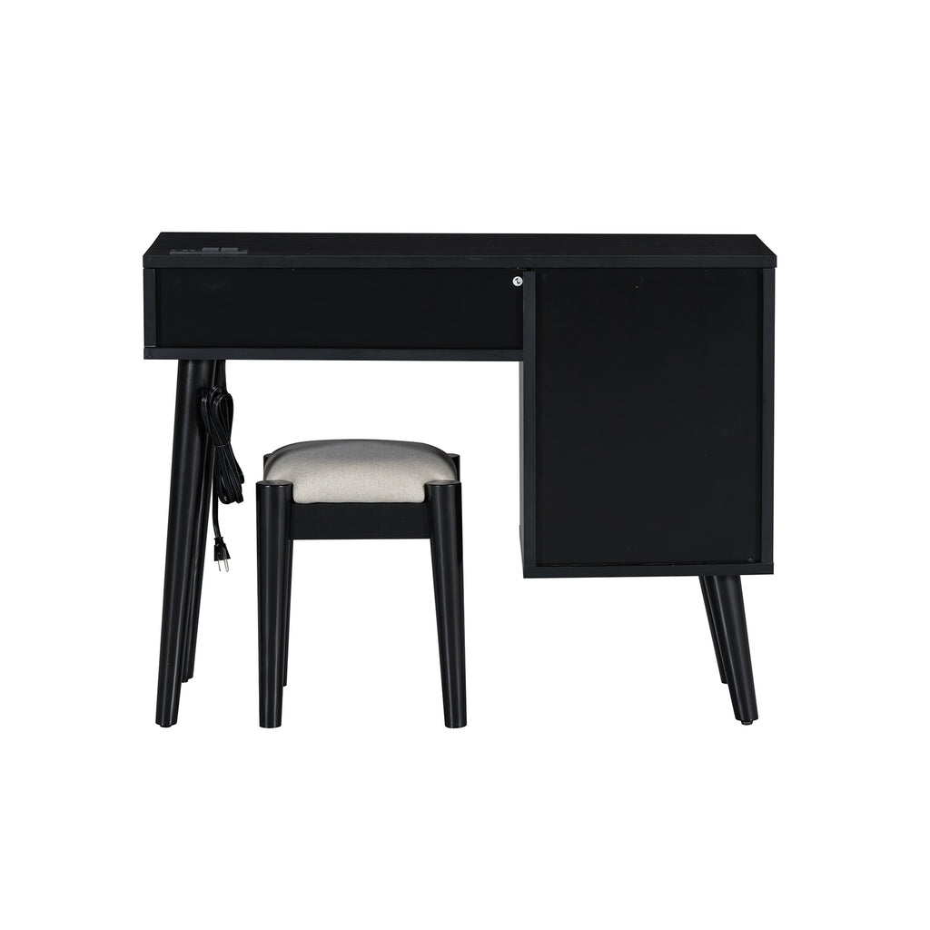 39" Retro Bohemian Style Wooden Makeup Vanity Set with Charging Plug&USB Port and Stool, Dressing Table with 3 Storage Drawers and 1 Rectangular Rattan Drawer, Black