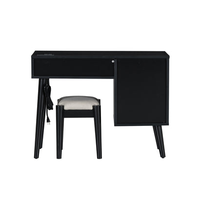 39" Retro Bohemian Style Wooden Makeup Vanity Set with Charging Plug&USB Port and Stool, Dressing Table with 3 Storage Drawers and 1 Rectangular Rattan Drawer, Black