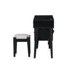 39" Retro Bohemian Style Wooden Makeup Vanity Set with Charging Plug&USB Port and Stool, Dressing Table with 3 Storage Drawers and 1 Rectangular Rattan Drawer, Black