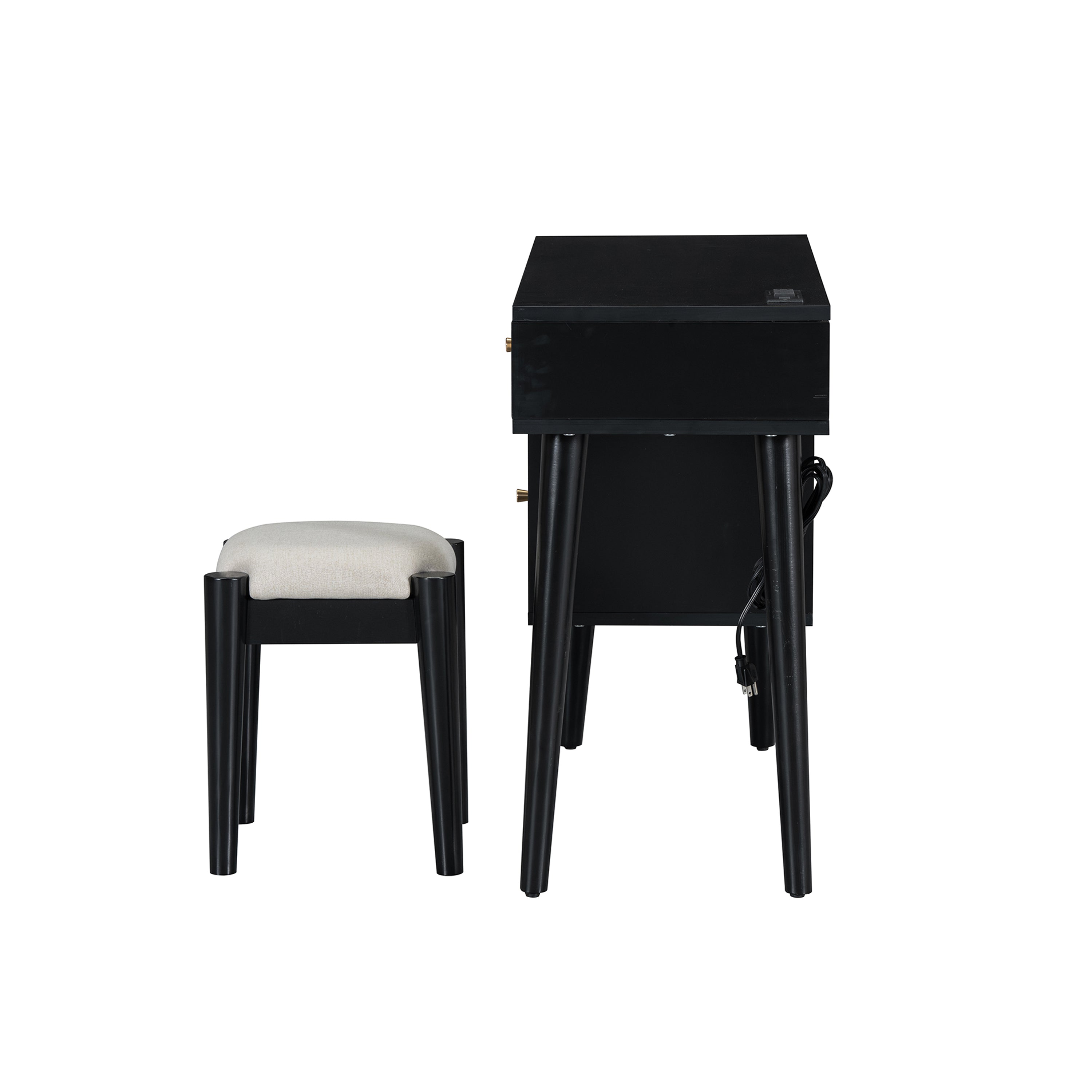 39" Retro Bohemian Style Wooden Makeup Vanity Set with Charging Plug&USB Port and Stool, Dressing Table with 3 Storage Drawers and 1 Rectangular Rattan Drawer, Black