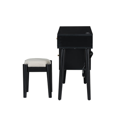 39" Retro Bohemian Style Wooden Makeup Vanity Set with Charging Plug&USB Port and Stool, Dressing Table with 3 Storage Drawers and 1 Rectangular Rattan Drawer, Black