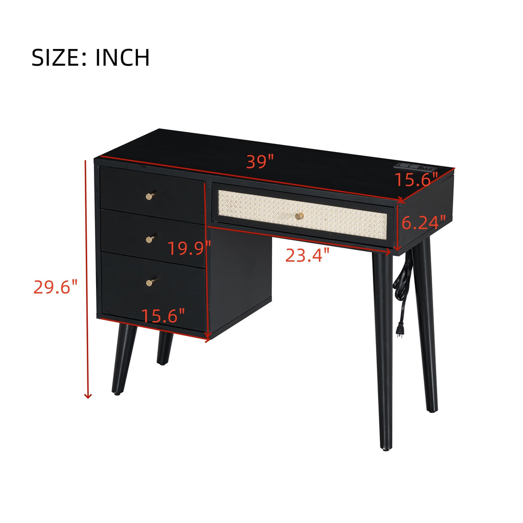 39" Retro Bohemian Style Wooden Makeup Vanity Set with Charging Plug&USB Port and Stool, Dressing Table with 3 Storage Drawers and 1 Rectangular Rattan Drawer, Black