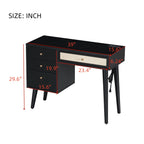 39" Retro Bohemian Style Wooden Makeup Vanity Set with Charging Plug&USB Port and Stool, Dressing Table with 3 Storage Drawers and 1 Rectangular Rattan Drawer, Black