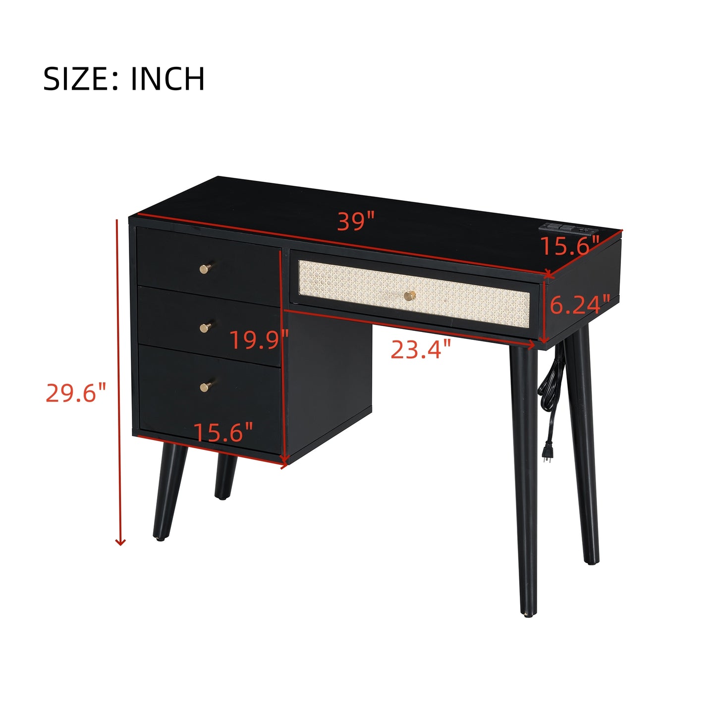 39" Retro Bohemian Style Wooden Makeup Vanity Set with Charging Plug&USB Port and Stool, Dressing Table with 3 Storage Drawers and 1 Rectangular Rattan Drawer, Black