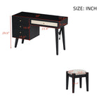 39" Retro Bohemian Style Wooden Makeup Vanity Set with Charging Plug&USB Port and Stool, Dressing Table with 3 Storage Drawers and 1 Rectangular Rattan Drawer, Black
