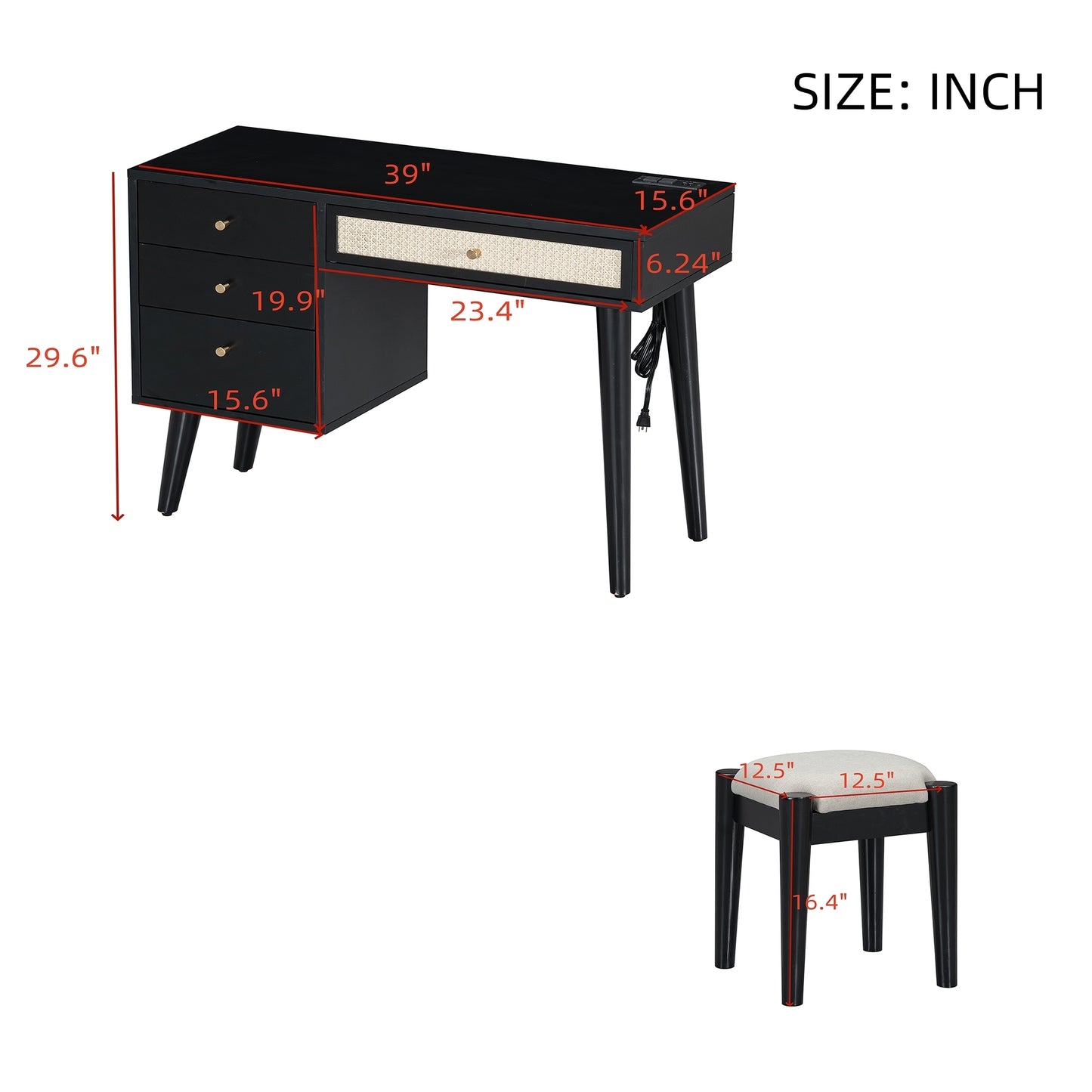 39" Retro Bohemian Style Wooden Makeup Vanity Set with Charging Plug&USB Port and Stool, Dressing Table with 3 Storage Drawers and 1 Rectangular Rattan Drawer, Black