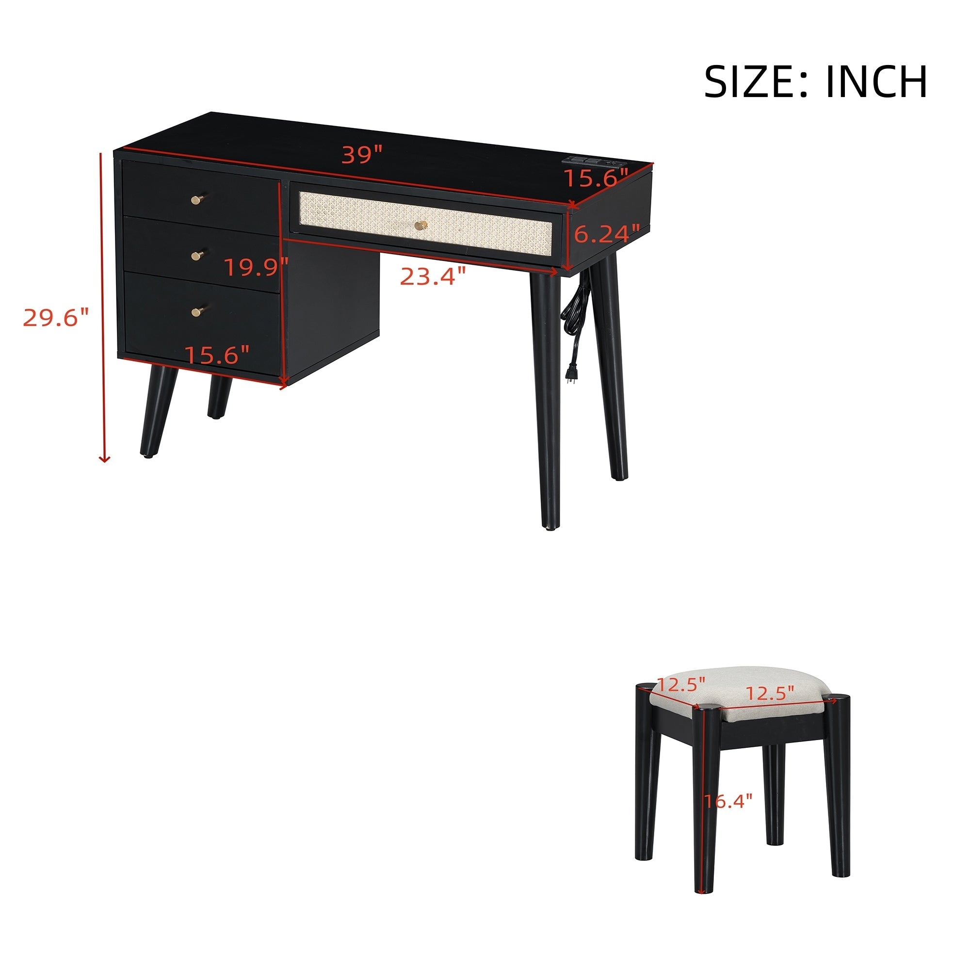 39" Retro Bohemian Style Wooden Makeup Vanity Set with Charging Plug&USB Port and Stool, Dressing Table with 3 Storage Drawers and 1 Rectangular Rattan Drawer, Black