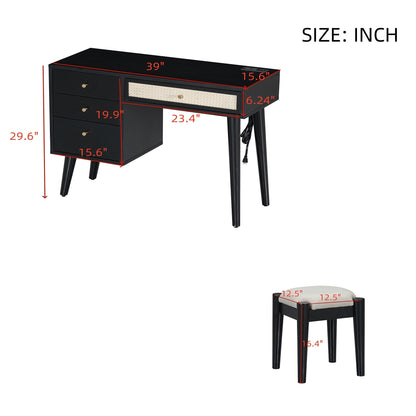39" Retro Bohemian Style Wooden Makeup Vanity Set with Charging Plug&USB Port and Stool, Dressing Table with 3 Storage Drawers and 1 Rectangular Rattan Drawer, Black