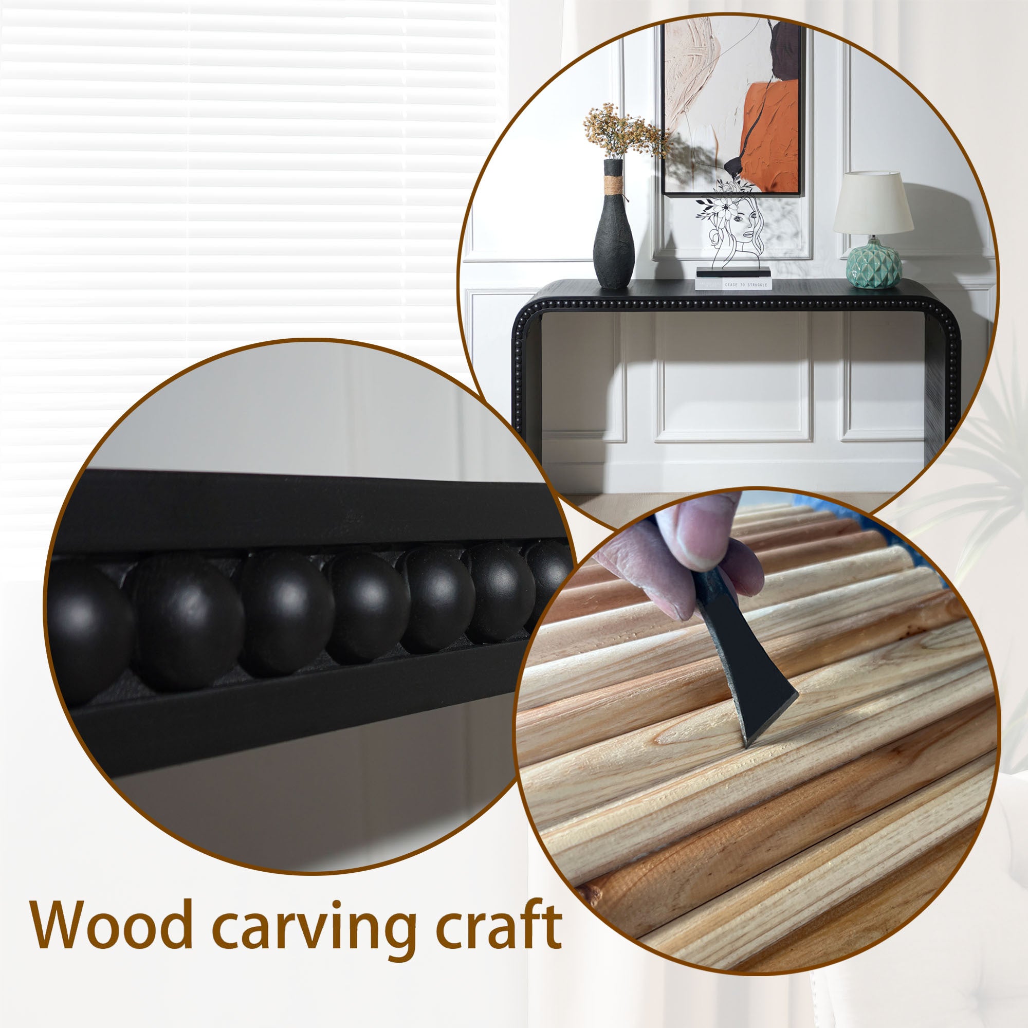 Black wood Console Table, 59in Entryway Table, Curved Waterfall-style Table,Console table with wood beads,Entrance Table for Entryway, Hallway, Living Room, Foyer, Corridor, Office