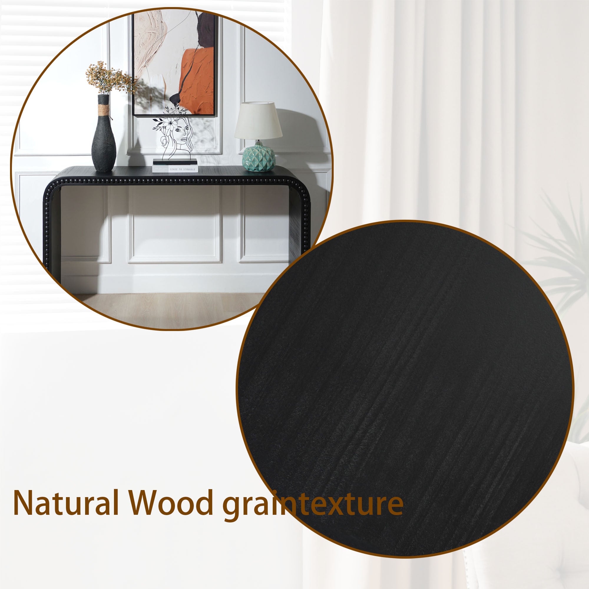 Black wood Console Table, 59in Entryway Table, Curved Waterfall-style Table,Console table with wood beads,Entrance Table for Entryway, Hallway, Living Room, Foyer, Corridor, Office
