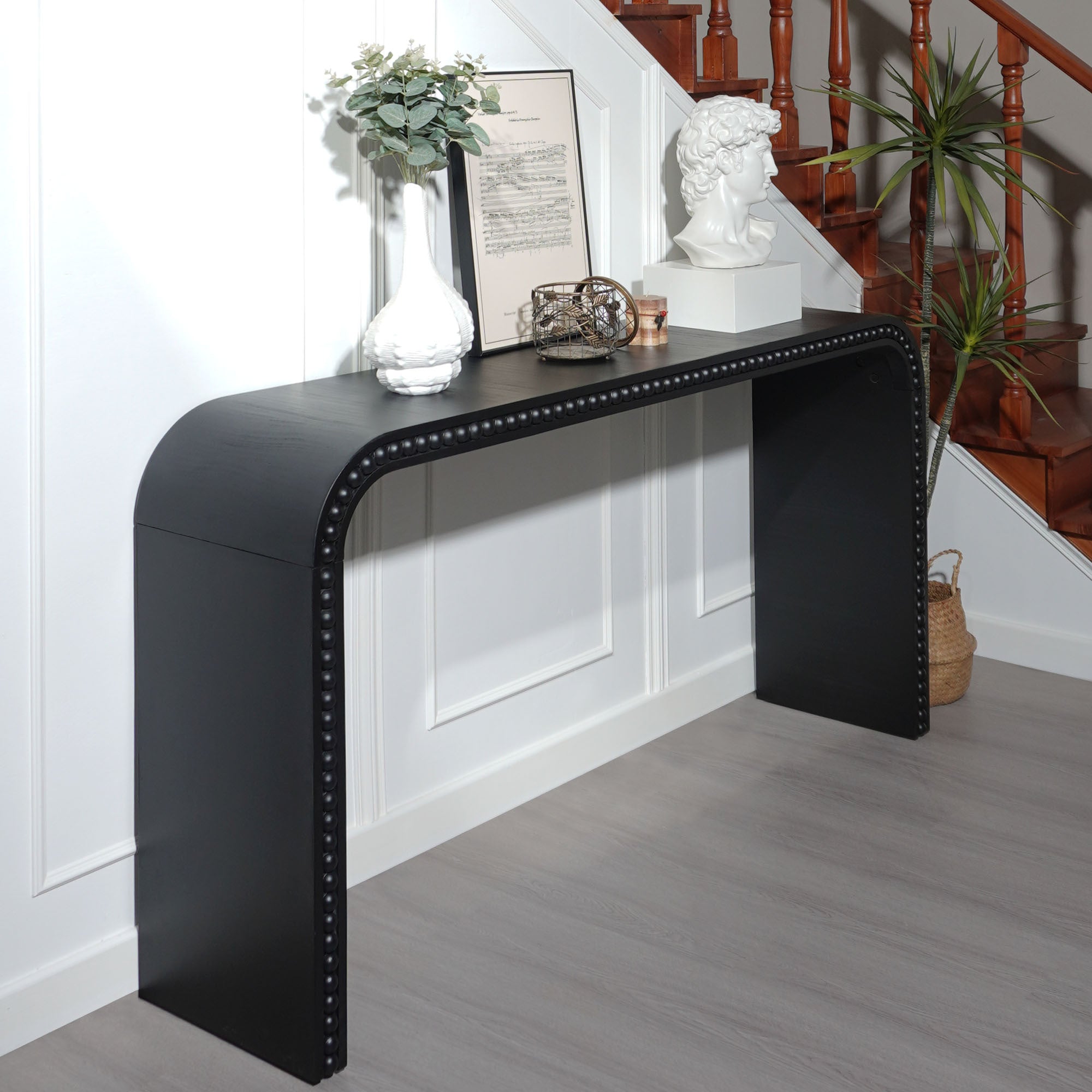 Black wood Console Table, 59in Entryway Table, Curved Waterfall-style Table,Console table with wood beads,Entrance Table for Entryway, Hallway, Living Room, Foyer, Corridor, Office