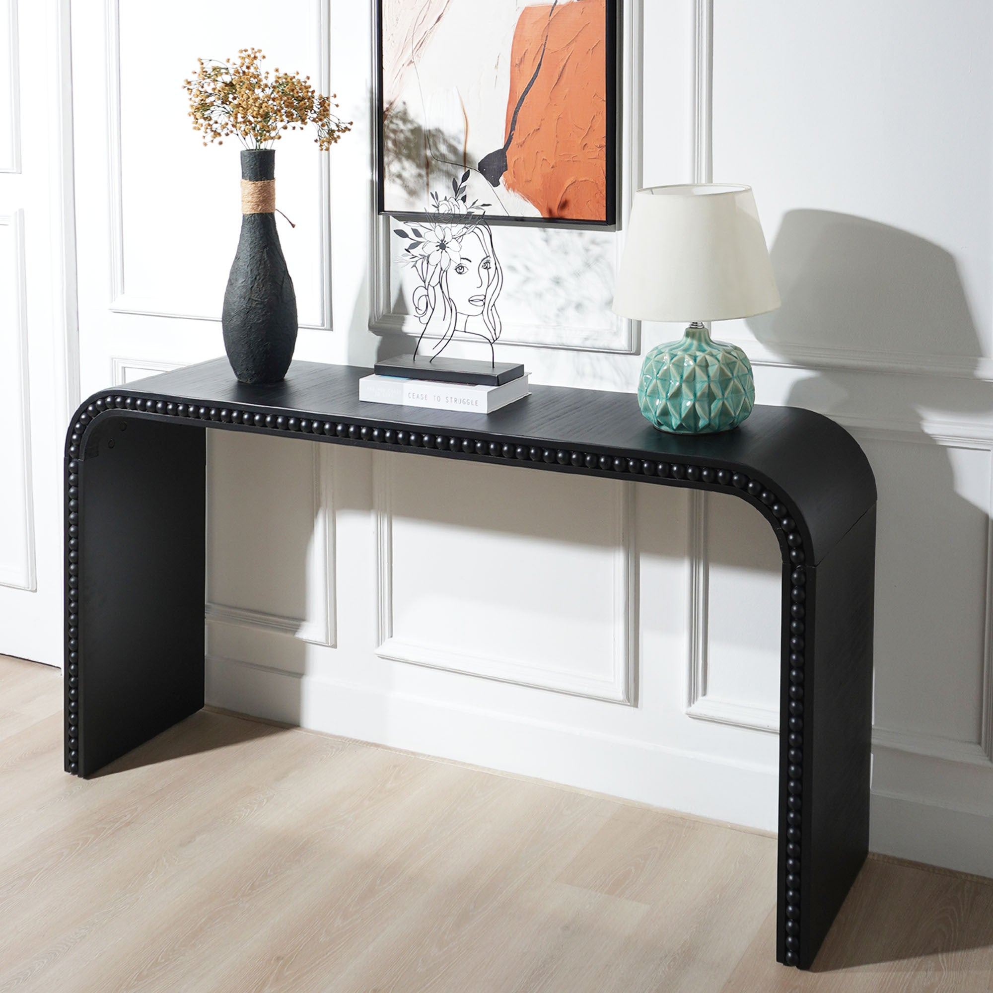 Black wood Console Table, 59in Entryway Table, Curved Waterfall-style Table,Console table with wood beads,Entrance Table for Entryway, Hallway, Living Room, Foyer, Corridor, Office