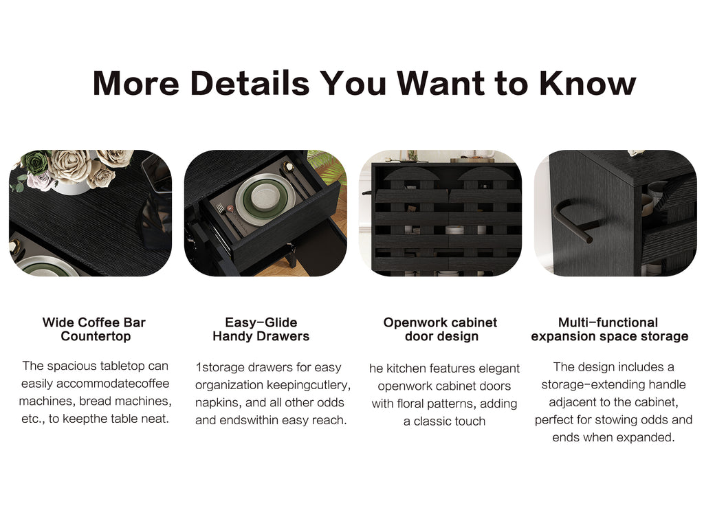 Buffet Cabinet with Storage: 44.49'Black Woven Door Accent Cabinets,with Arched Doors,with Multi layer Adjustable,with Metal Leg,woven door and drawer - for Kitchen Living Dining Room Entryway