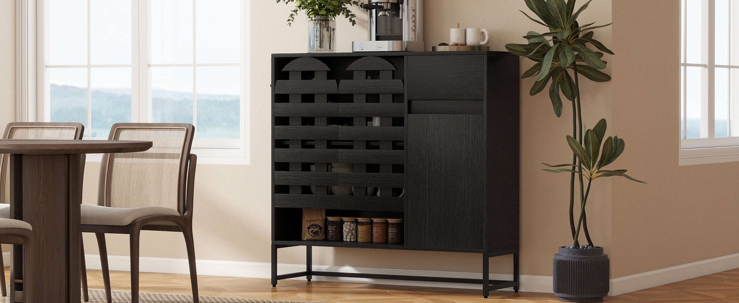 Buffet Cabinet with Storage: 44.49'Black Woven Door Accent Cabinets,with Arched Doors,with Multi layer Adjustable,with Metal Leg,woven door and drawer - for Kitchen Living Dining Room Entryway