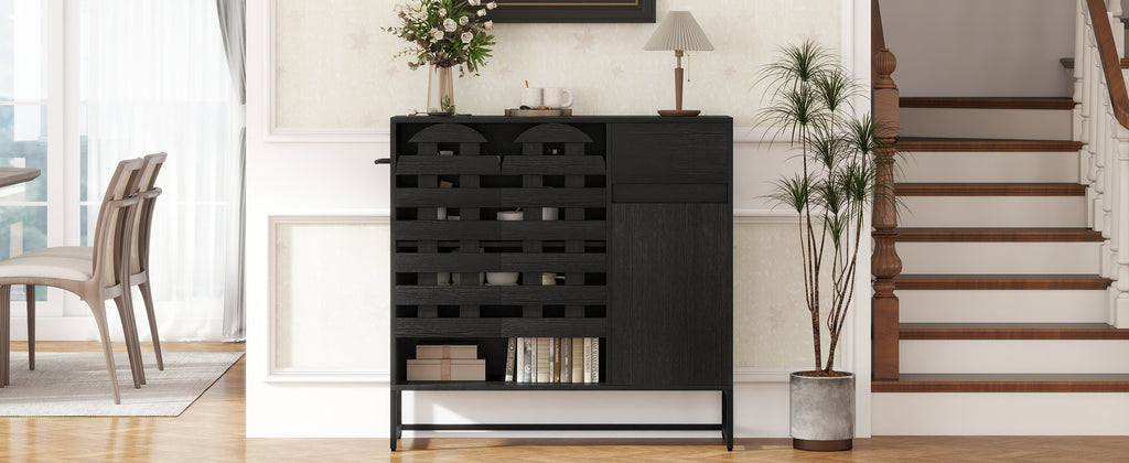 Buffet Cabinet with Storage: 44.49'Black Woven Door Accent Cabinets,with Arched Doors,with Multi layer Adjustable,with Metal Leg,woven door and drawer - for Kitchen Living Dining Room Entryway