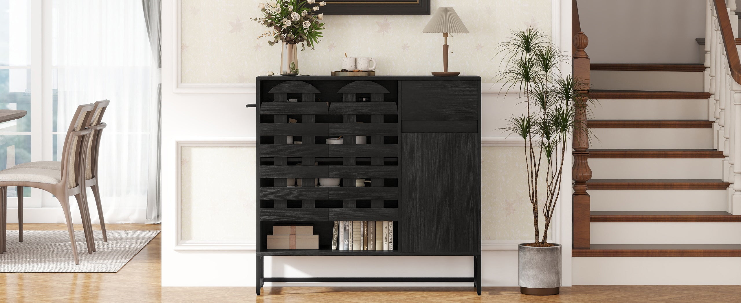 Buffet Cabinet with Storage: 44.49'Black Woven Door Accent Cabinets,with Arched Doors,with Multi layer Adjustable,with Metal Leg,woven door and drawer - for Kitchen Living Dining Room Entryway