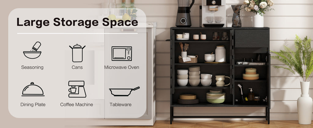 Buffet Cabinet with Storage: 44.49'Black Woven Door Accent Cabinets,with Arched Doors,with Multi layer Adjustable,with Metal Leg,woven door and drawer - for Kitchen Living Dining Room Entryway