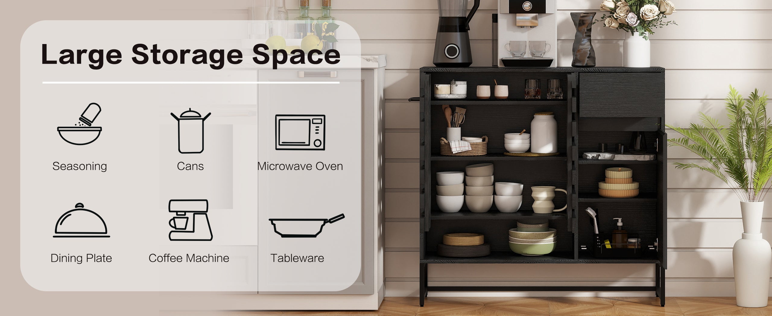 Buffet Cabinet with Storage: 44.49'Black Woven Door Accent Cabinets,with Arched Doors,with Multi layer Adjustable,with Metal Leg,woven door and drawer - for Kitchen Living Dining Room Entryway