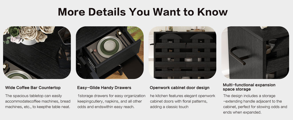 Buffet Cabinet with Storage: 44.49'Black Woven Door Accent Cabinets,with Arched Doors,with Multi layer Adjustable,with Metal Leg,woven door and drawer - for Kitchen Living Dining Room Entryway