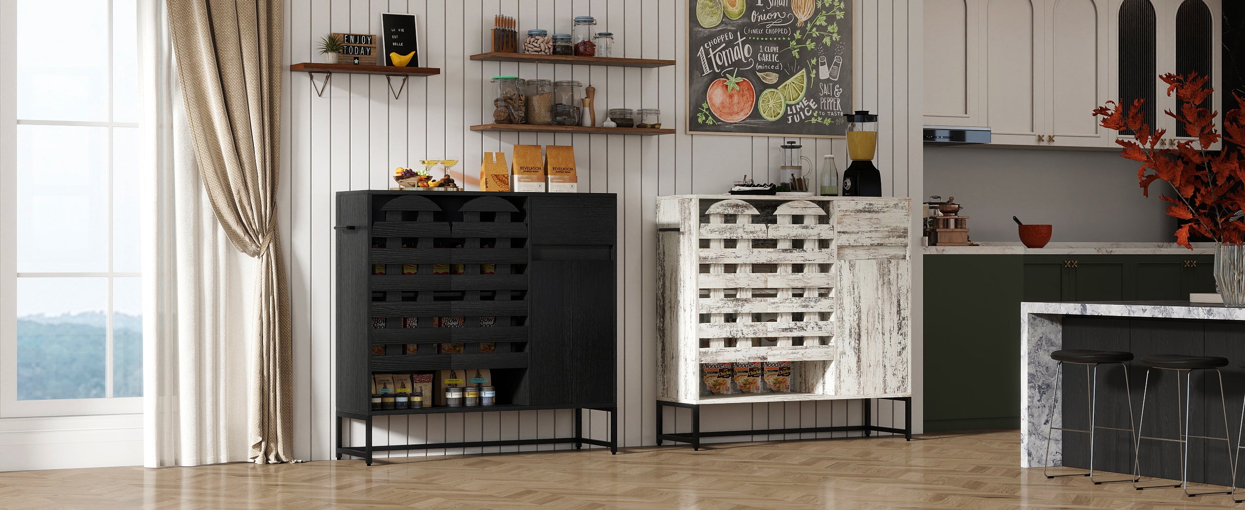 Buffet Cabinet with Storage: 44.49'Black Woven Door Accent Cabinets,with Arched Doors,with Multi layer Adjustable,with Metal Leg,woven door and drawer - for Kitchen Living Dining Room Entryway