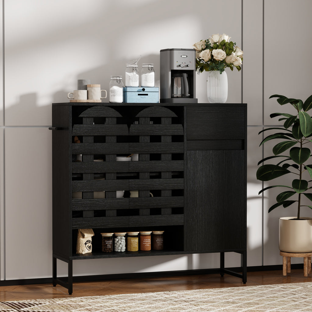 Buffet Cabinet with Storage: 44.49'Black Woven Door Accent Cabinets,with Arched Doors,with Multi layer Adjustable,with Metal Leg,woven door and drawer - for Kitchen Living Dining Room Entryway