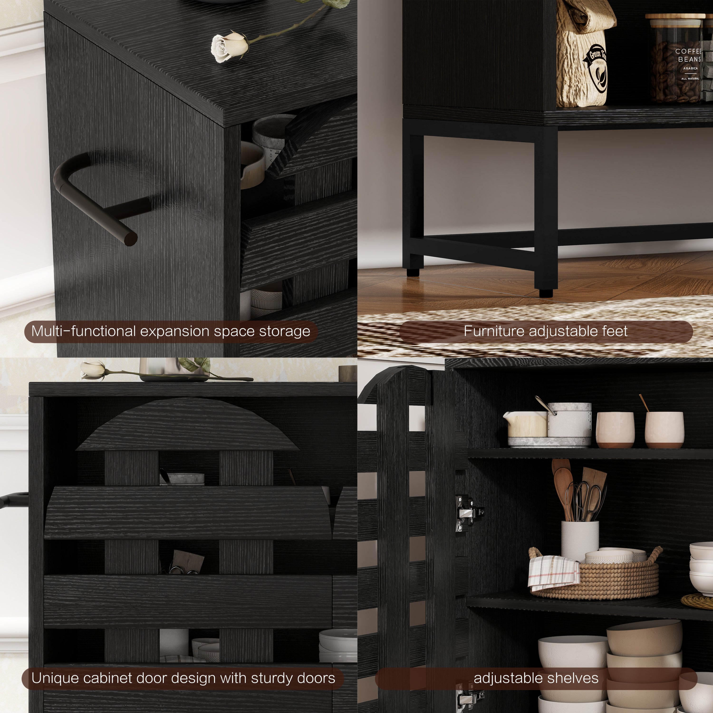Buffet Cabinet with Storage: 44.49'Black Woven Door Accent Cabinets,with Arched Doors,with Multi layer Adjustable,with Metal Leg,woven door and drawer - for Kitchen Living Dining Room Entryway
