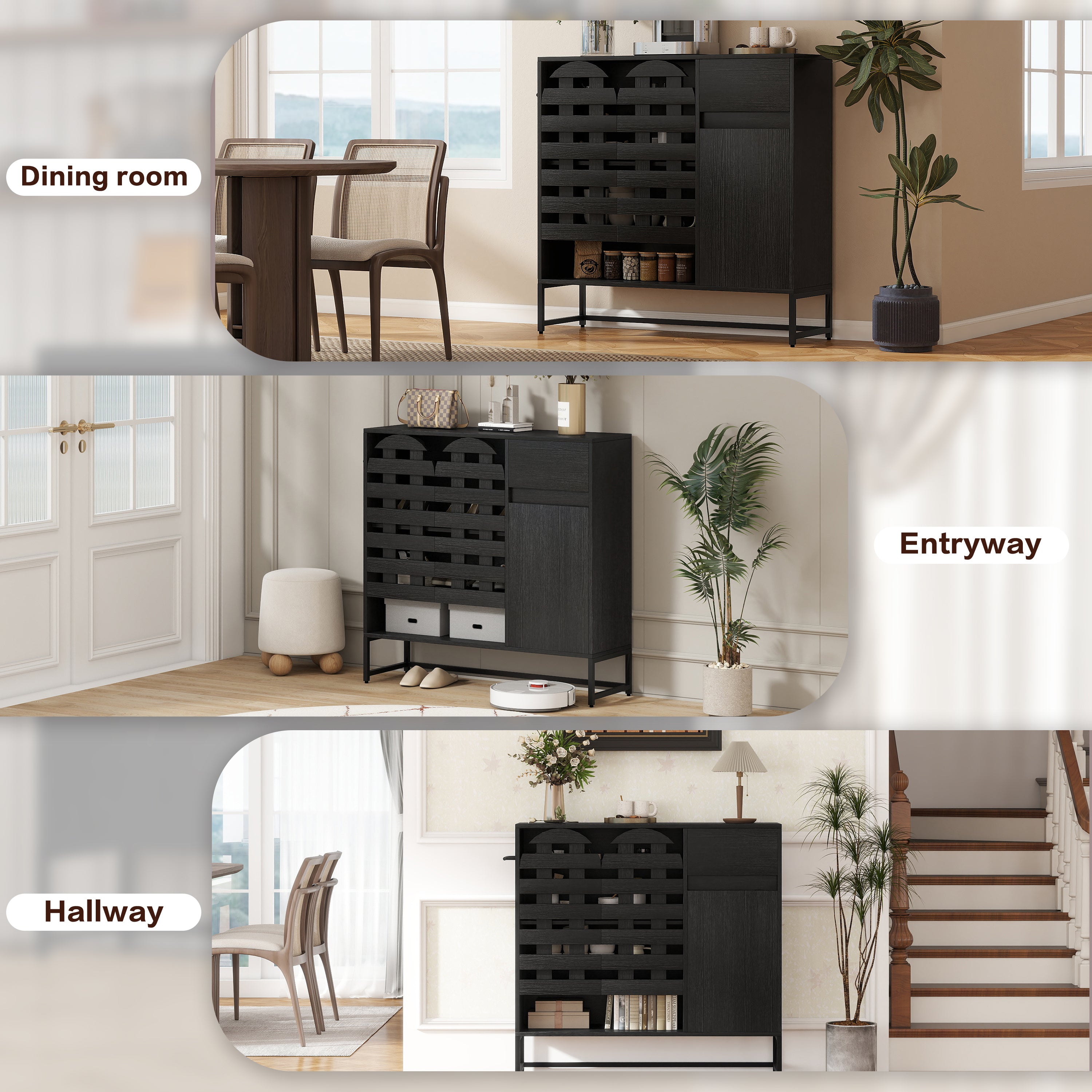 Buffet Cabinet with Storage: 44.49'Black Woven Door Accent Cabinets,with Arched Doors,with Multi layer Adjustable,with Metal Leg,woven door and drawer - for Kitchen Living Dining Room Entryway