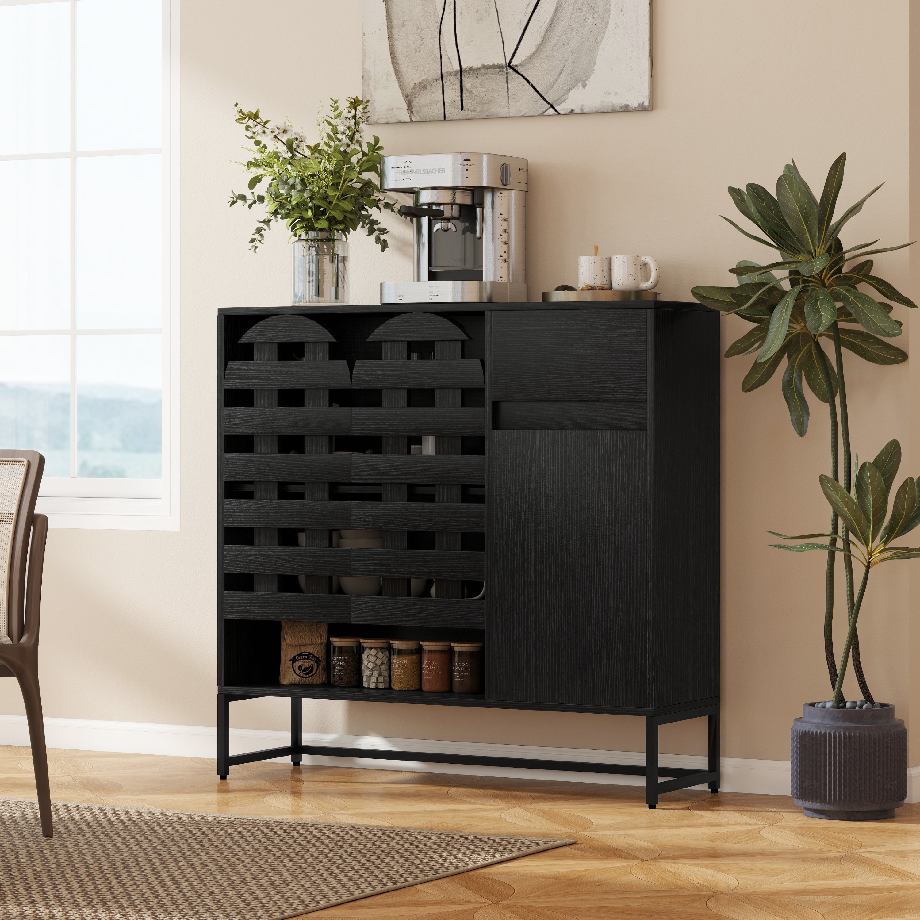 Buffet Cabinet with Storage: 44.49'Black Woven Door Accent Cabinets,with Arched Doors,with Multi layer Adjustable,with Metal Leg,woven door and drawer - for Kitchen Living Dining Room Entryway