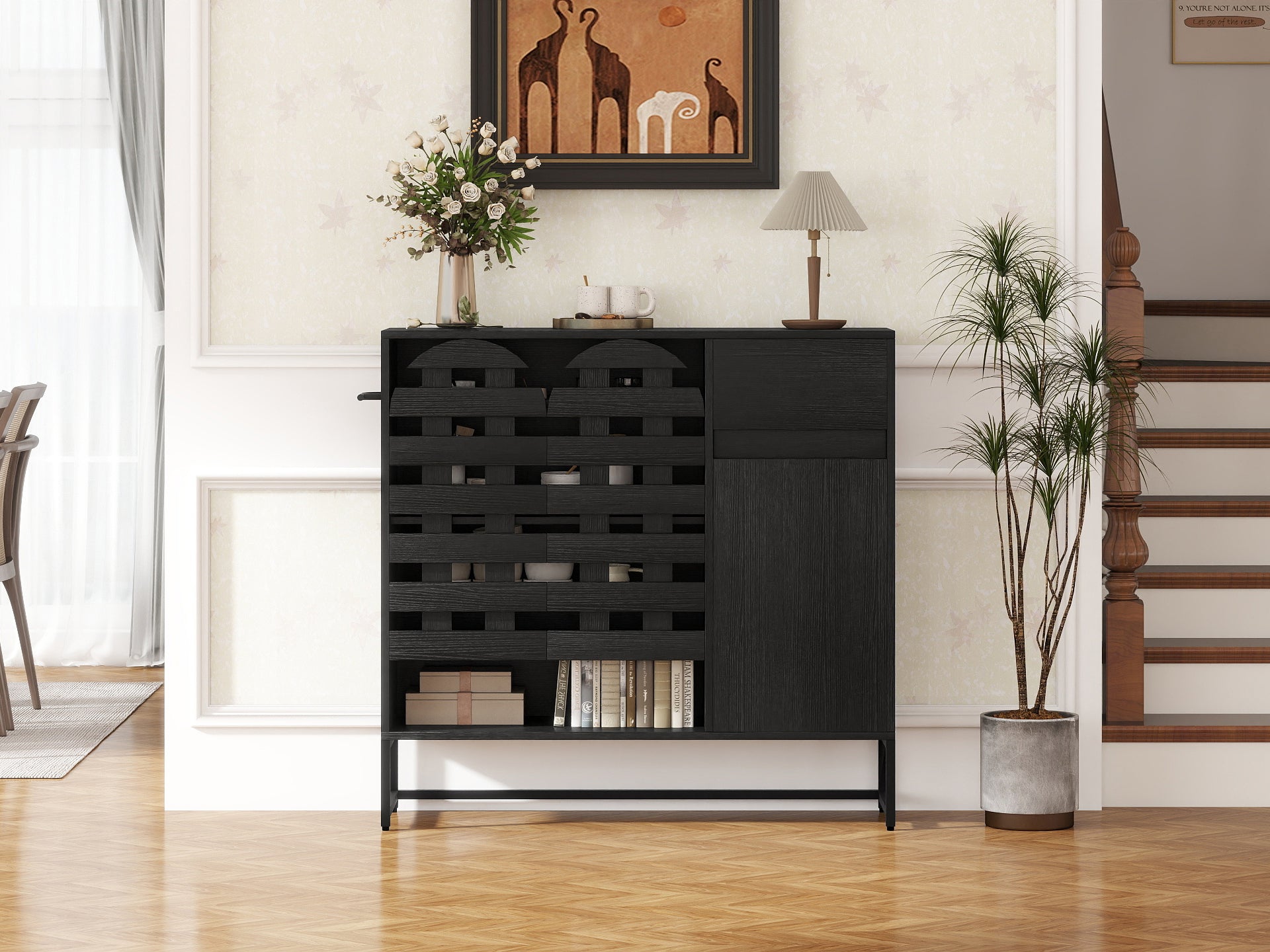 Buffet Cabinet with Storage: 44.49'Black Woven Door Accent Cabinets,with Arched Doors,with Multi layer Adjustable,with Metal Leg,woven door and drawer - for Kitchen Living Dining Room Entryway