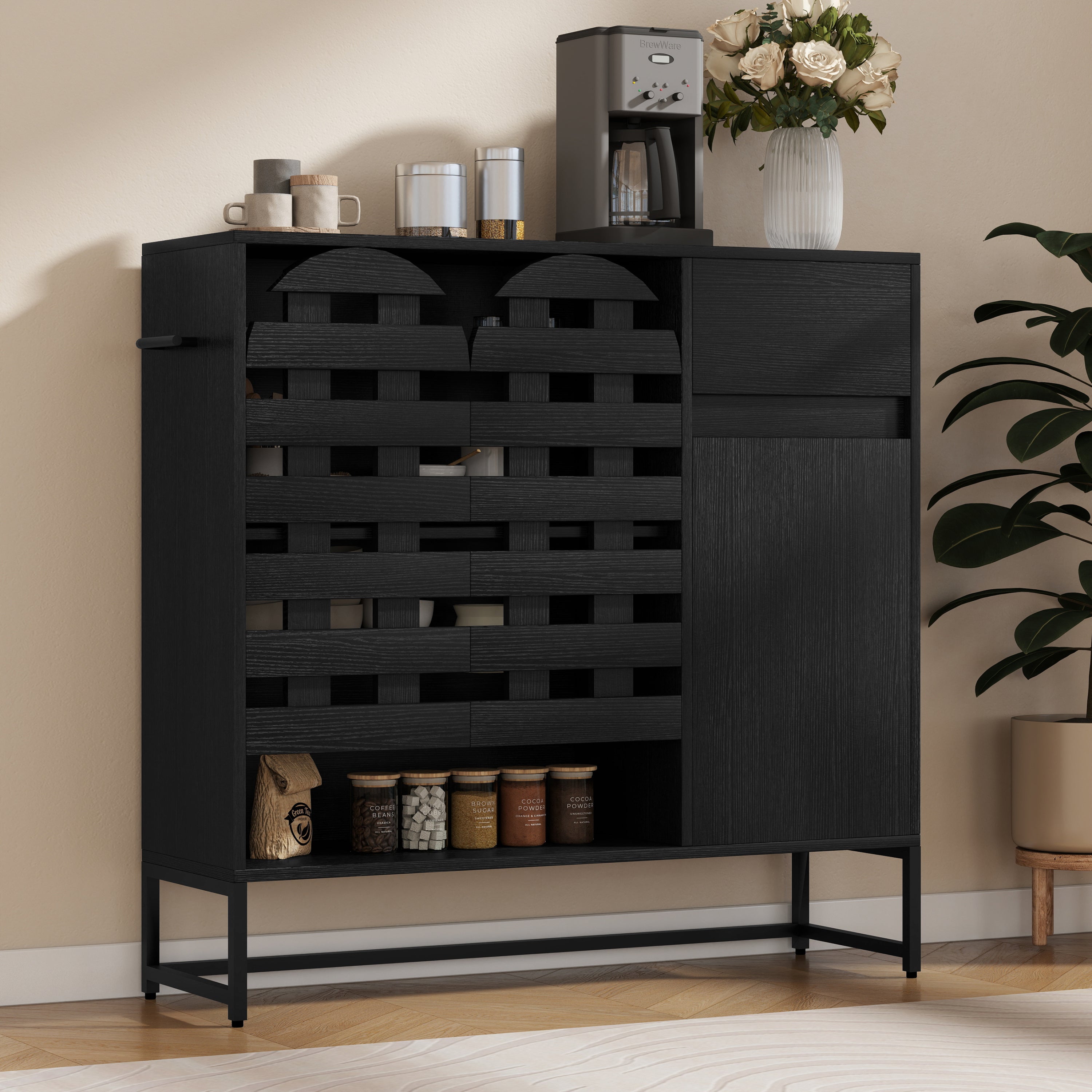 Buffet Cabinet with Storage: 44.49'Black Woven Door Accent Cabinets,with Arched Doors,with Multi layer Adjustable,with Metal Leg,woven door and drawer - for Kitchen Living Dining Room Entryway