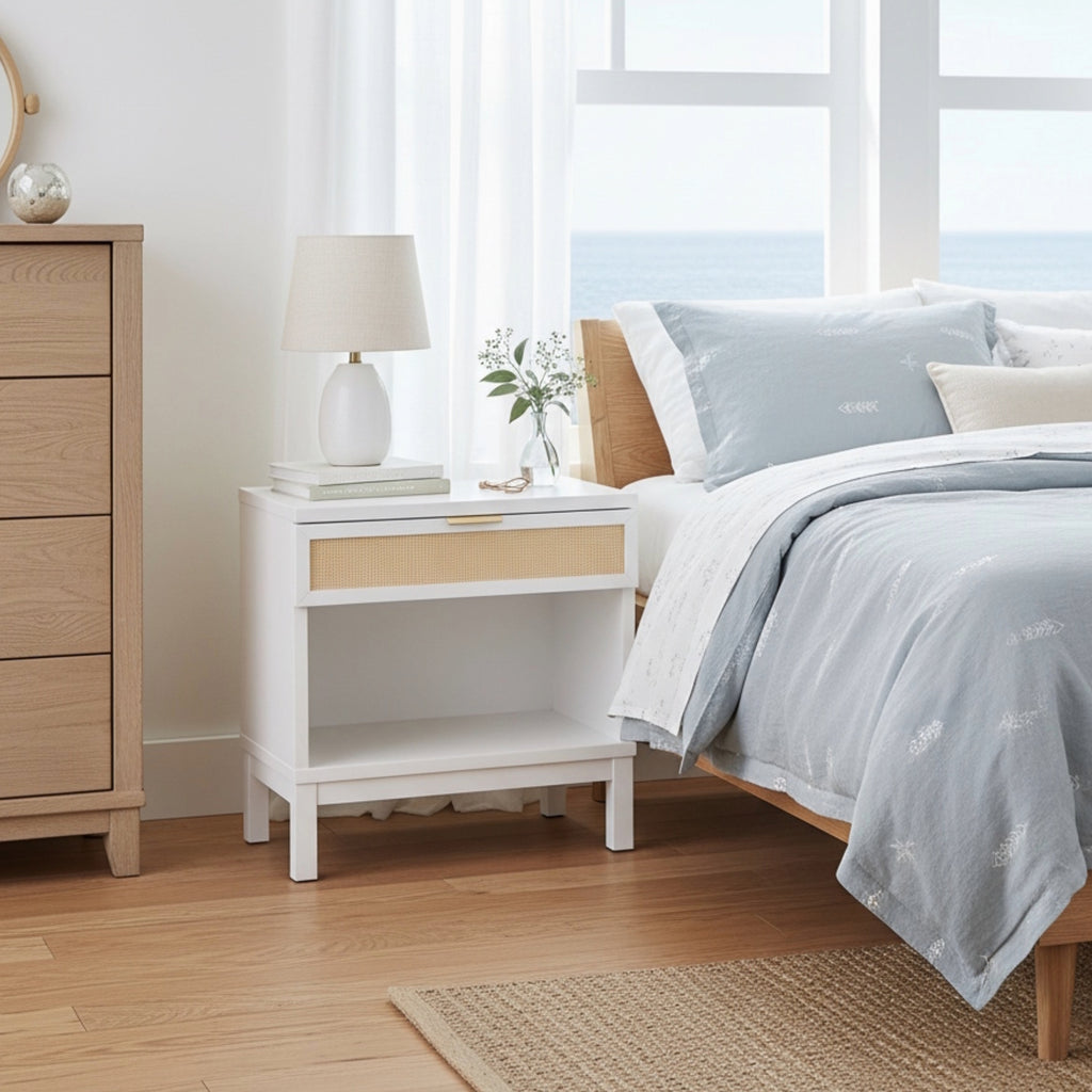 Blake Cane 1 Drawer Nightstand in Coastal White with Cane Front