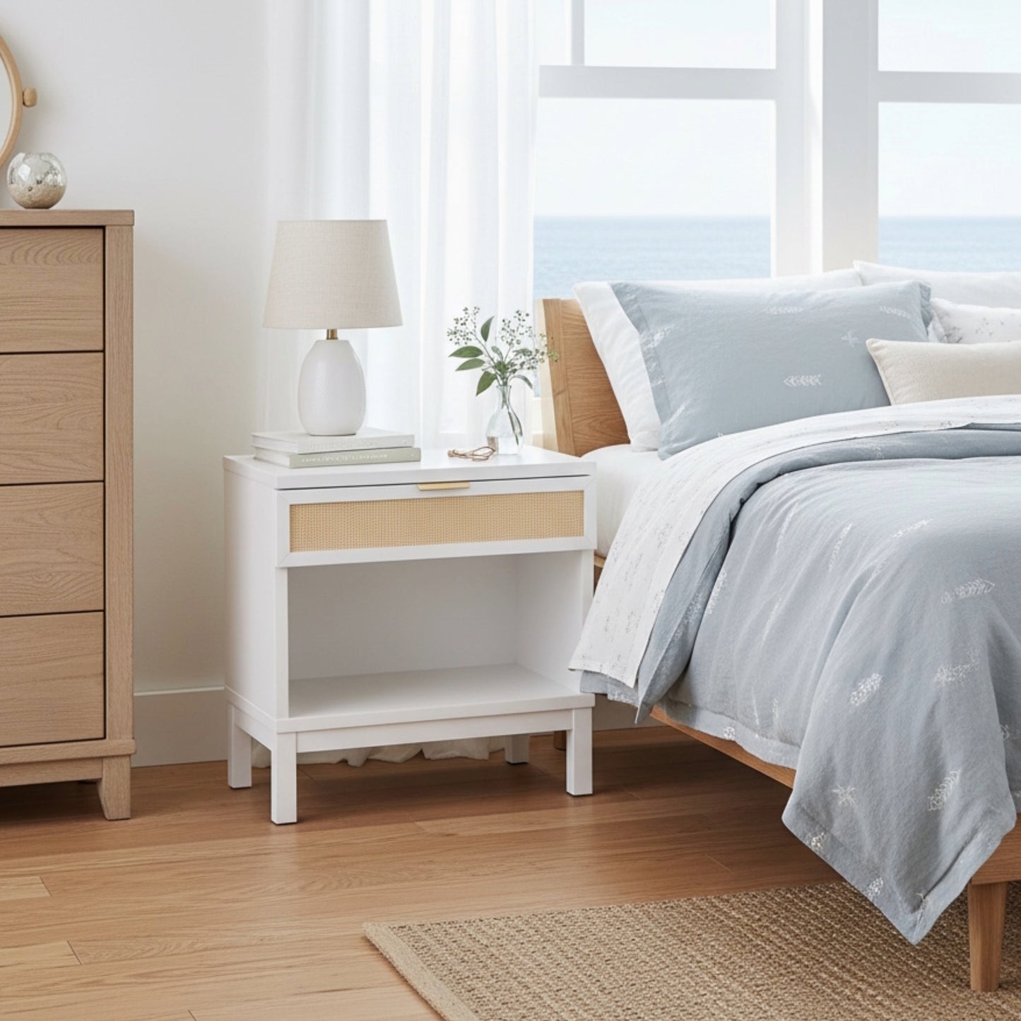 Blake Cane 1 Drawer Nightstand in Coastal White with Cane Front