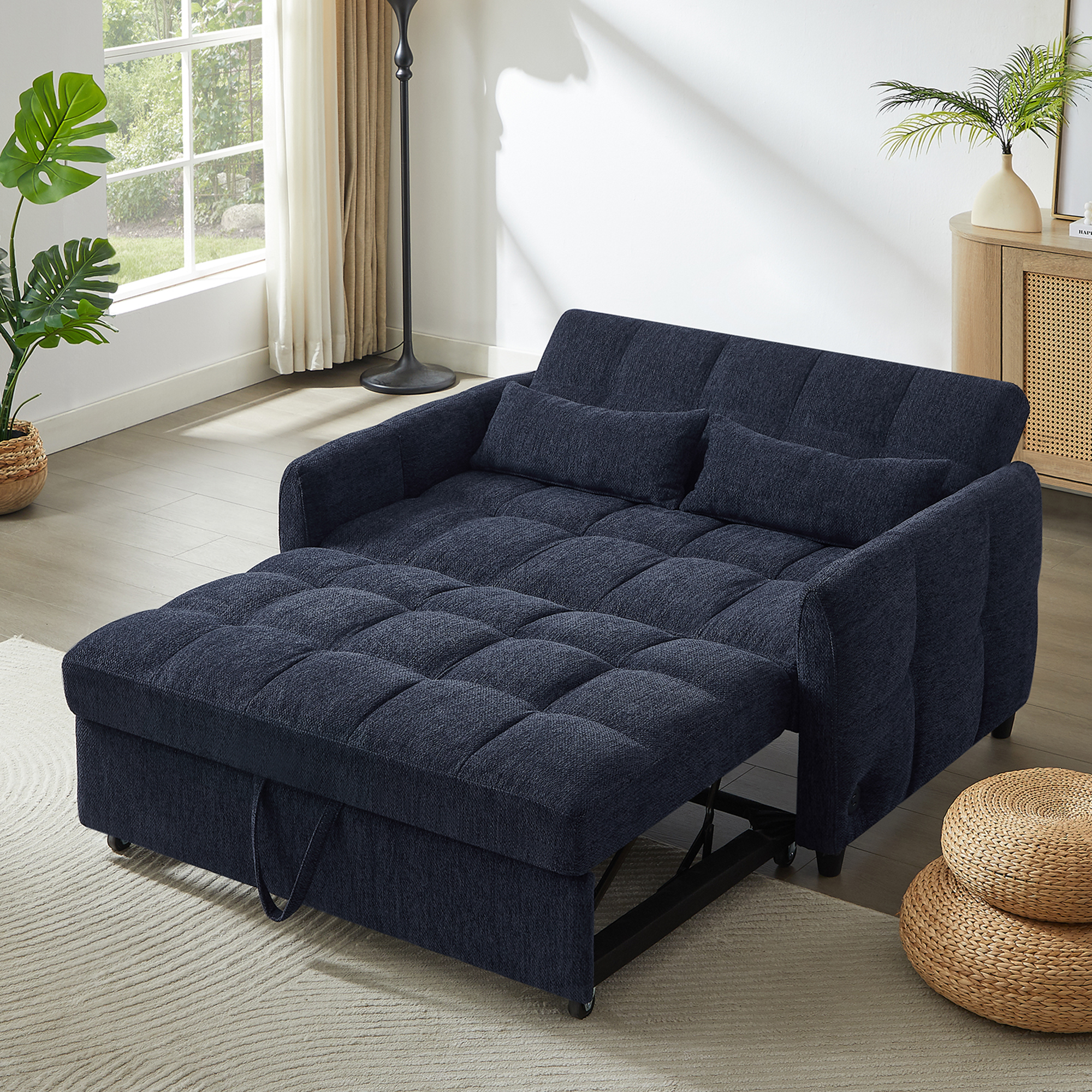52.8 Loveseat Sofa Pull-out Sofa Bed Tufted Sleeper Sofa with an Adjustable Backrest, Three USB Ports and Two Lumbar Pillows for Living Room, Blue