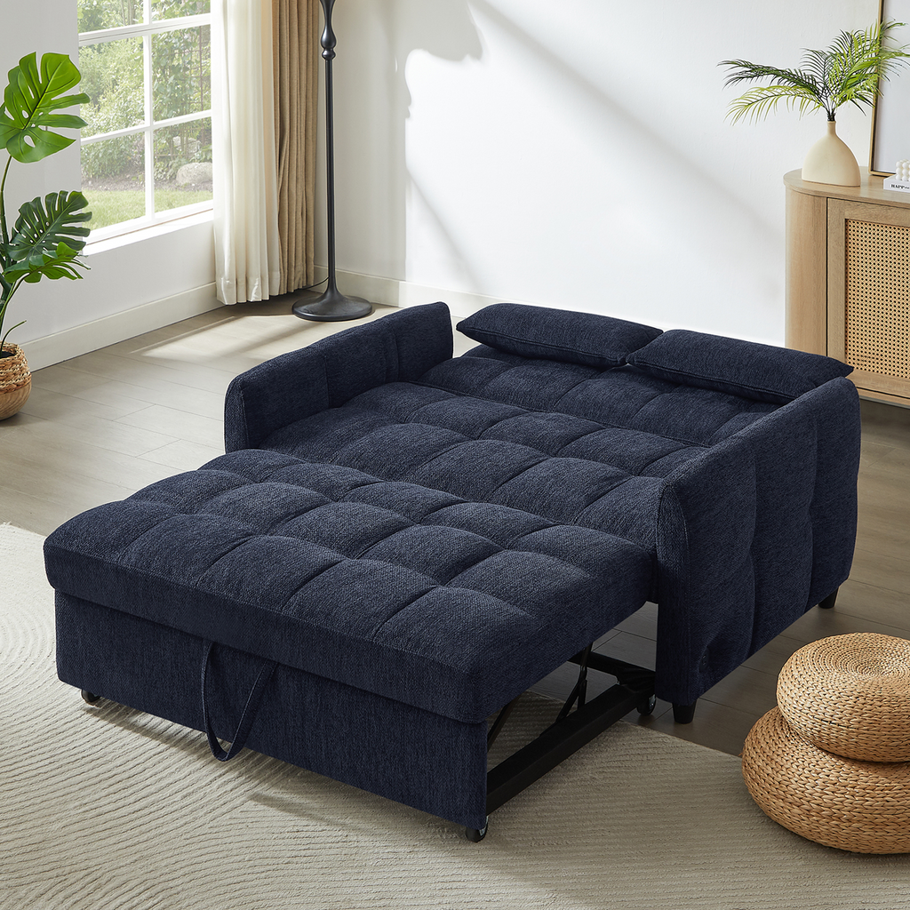52.8 Loveseat Sofa Pull-out Sofa Bed Tufted Sleeper Sofa with an Adjustable Backrest, Three USB Ports and Two Lumbar Pillows for Living Room, Blue