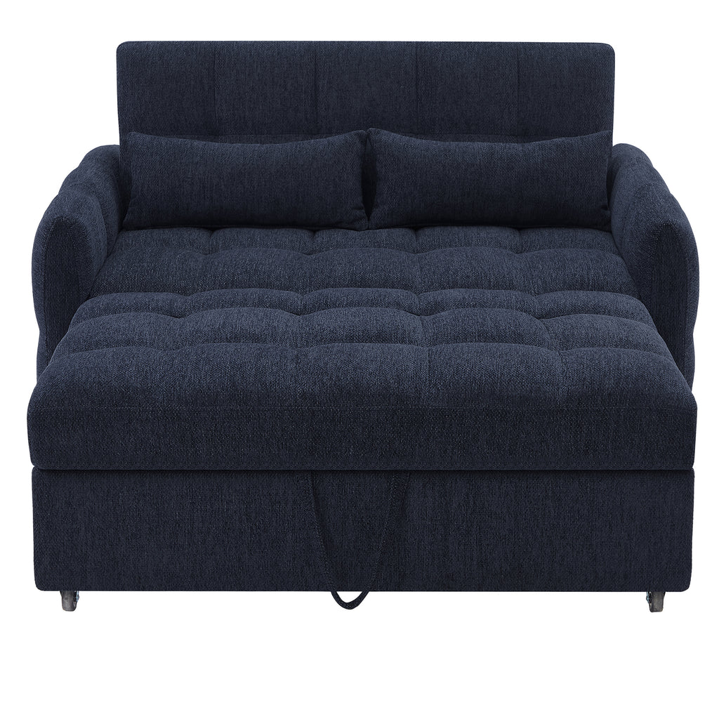 52.8 Loveseat Sofa Pull-out Sofa Bed Tufted Sleeper Sofa with an Adjustable Backrest, Three USB Ports and Two Lumbar Pillows for Living Room, Blue