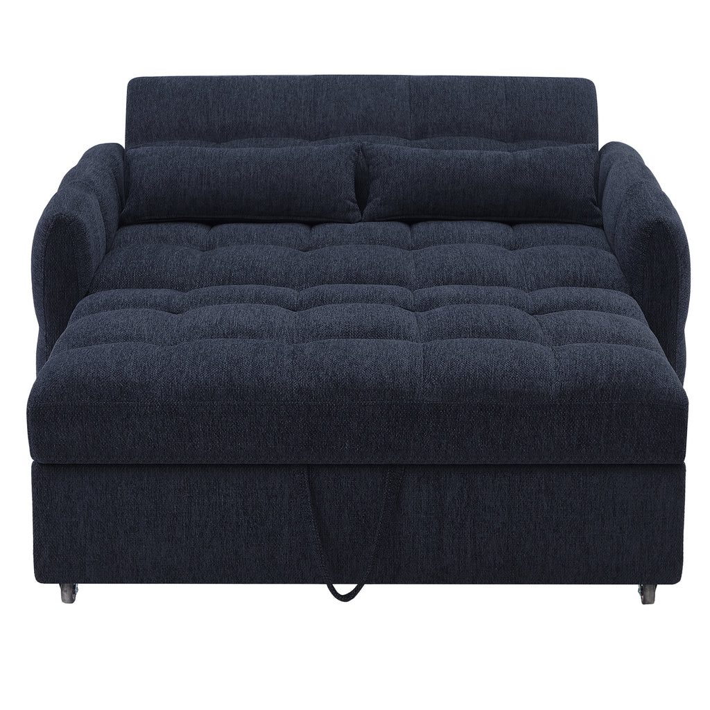 52.8 Loveseat Sofa Pull-out Sofa Bed Tufted Sleeper Sofa with an Adjustable Backrest, Three USB Ports and Two Lumbar Pillows for Living Room, Blue