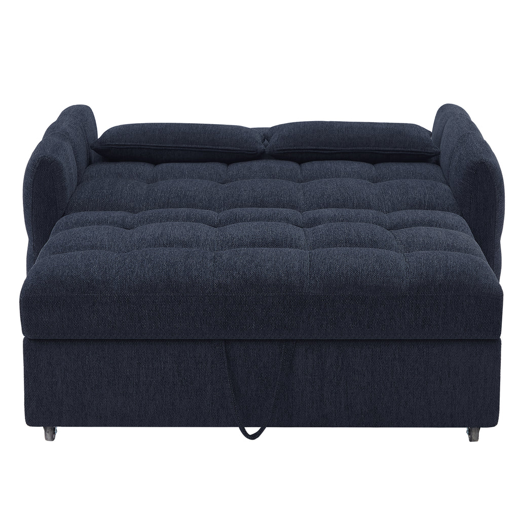 52.8 Loveseat Sofa Pull-out Sofa Bed Tufted Sleeper Sofa with an Adjustable Backrest, Three USB Ports and Two Lumbar Pillows for Living Room, Blue