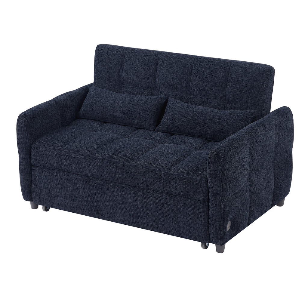 52.8 Loveseat Sofa Pull-out Sofa Bed Tufted Sleeper Sofa with an Adjustable Backrest, Three USB Ports and Two Lumbar Pillows for Living Room, Blue