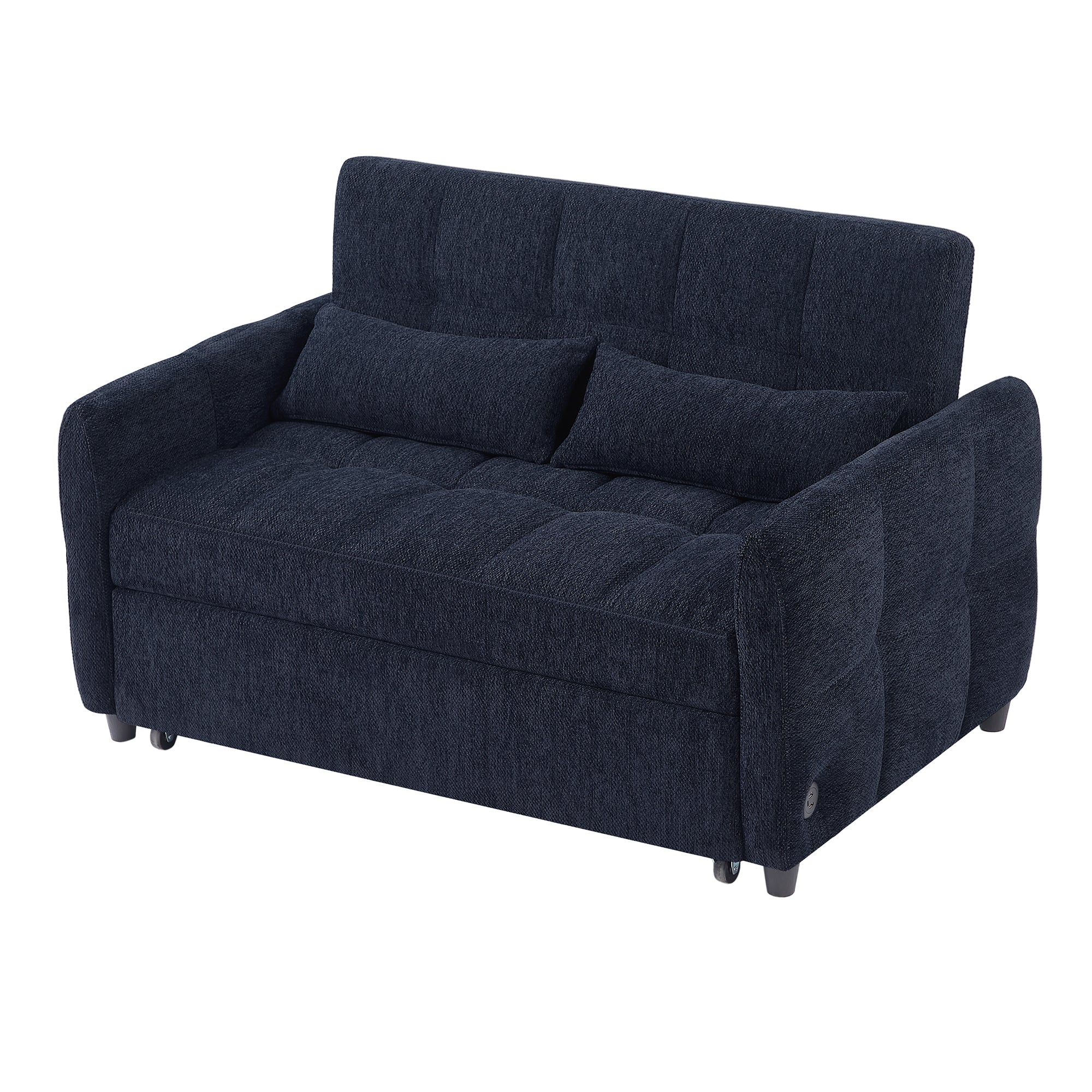 52.8 Loveseat Sofa Pull-out Sofa Bed Tufted Sleeper Sofa with an Adjustable Backrest, Three USB Ports and Two Lumbar Pillows for Living Room, Blue