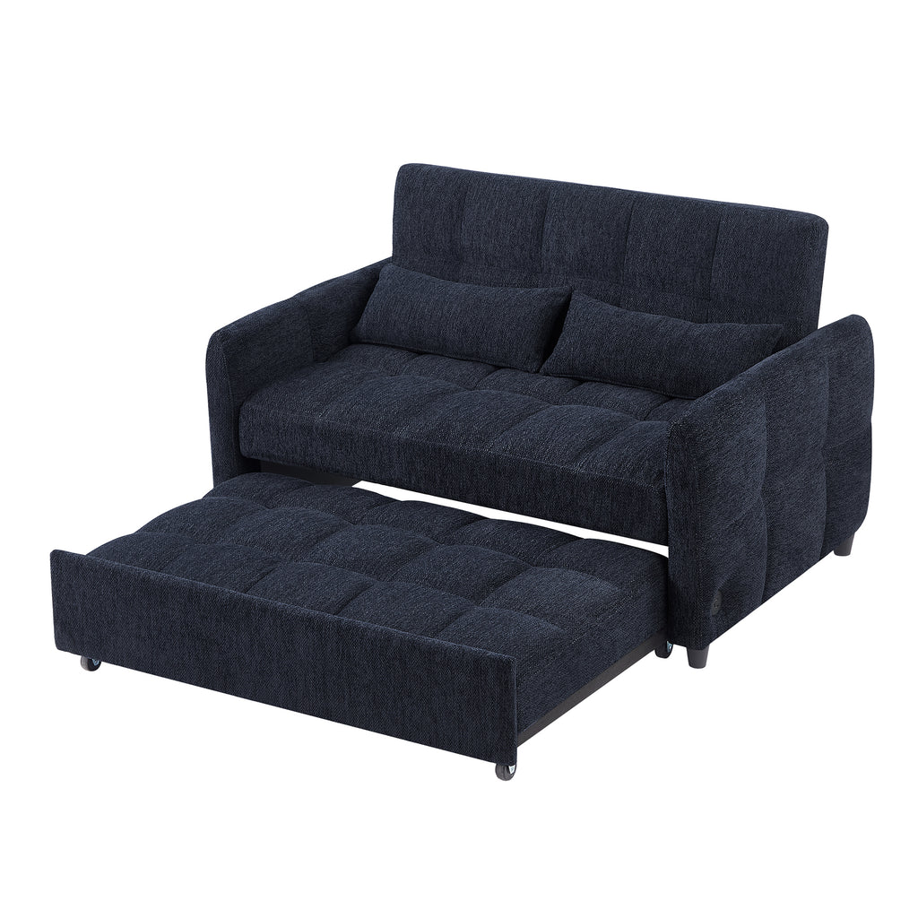 52.8 Loveseat Sofa Pull-out Sofa Bed Tufted Sleeper Sofa with an Adjustable Backrest, Three USB Ports and Two Lumbar Pillows for Living Room, Blue