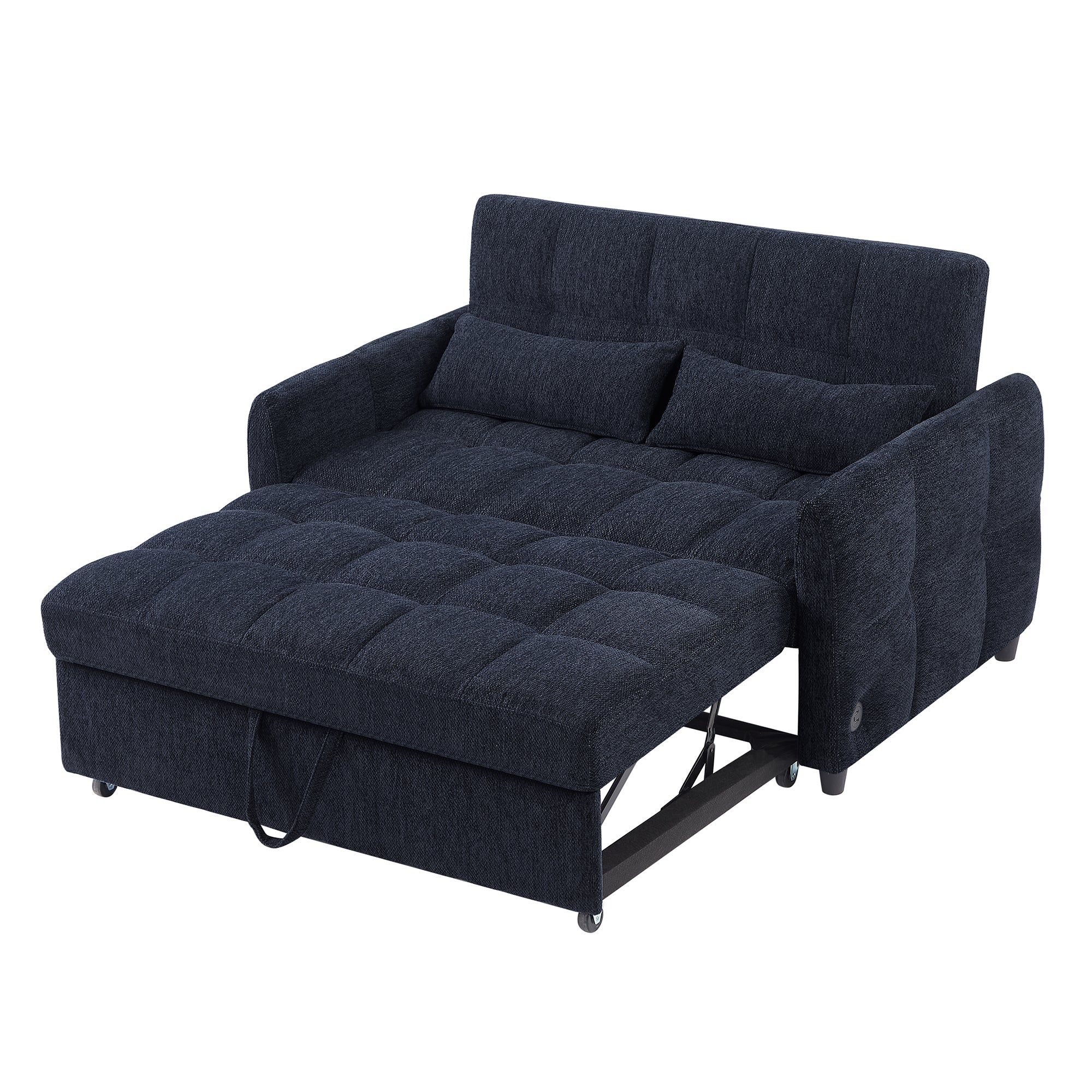 52.8 Loveseat Sofa Pull-out Sofa Bed Tufted Sleeper Sofa with an Adjustable Backrest, Three USB Ports and Two Lumbar Pillows for Living Room, Blue